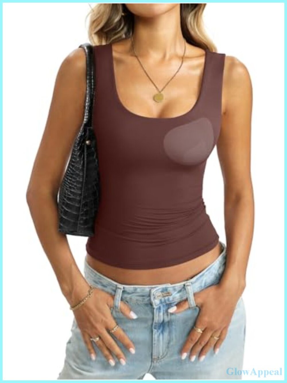 Padded Double Lined Tank Top Scoop Neck Built in Bra Slim Fit